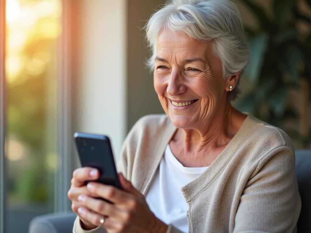 A friendly senior woman smiling while holding a mobile phone.